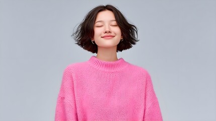 Joyful young woman in a cozy pink sweater
