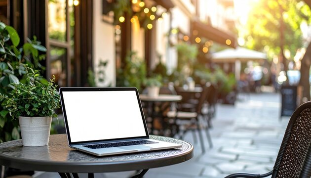 Laptop on outdoor cafe table, white screen, blurred background shows building and sunlit street