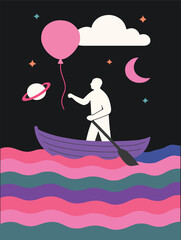 Man Rowing Boat in Dreamy Cosmic Ocean Holding Balloon