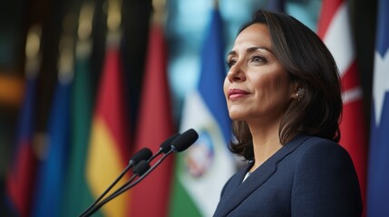 The image features a woman standing at a podium.