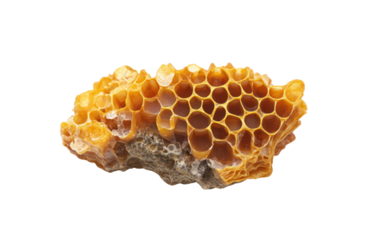 Honeycomb's Natural Geometry: A close-up view of a natural honeycomb, a masterpiece of nature's architecture, showcasing intricate patterns, hexagonal cells and the beauty of the hive.