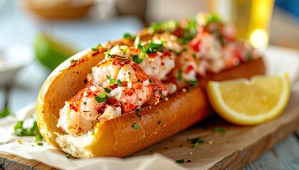 Lobster roll overflows from toasted bun, garnished with herbs & lemon