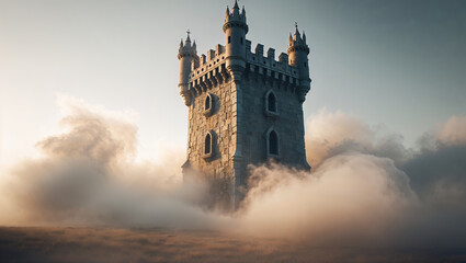 Naklejka premium Medieval castle tower emerging from fog at sunset