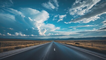 A beautiful day of blue sky with clouds, on the road, traveling and enjoying the scenery.