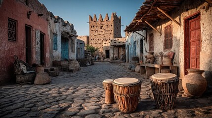 Echoes of Heritage: A captivating glimpse into a historically rich street scene, showcasing traditional architecture, ancient culture, and rhythmic drums.
