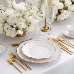 Elegant white and gold wedding table setting with floral centerpiece and luxury tableware for event