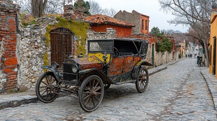 Fototapeta premium Vintage car parked on cobblestone street amidst historic buildings