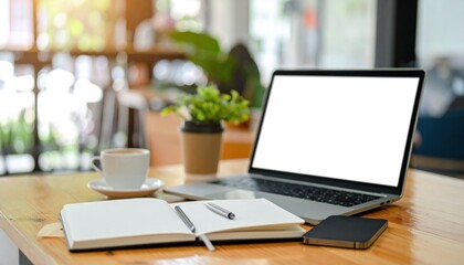 Laptop with a blank screen on wood desk with coffee, notebook, pen, and plant in a bright, airy room