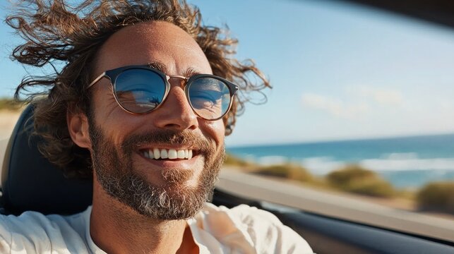 A middle-aged man with sunglasses and facial hair, driving with his head tilted back, smiling towards the camera, enjoying a road trip. 
