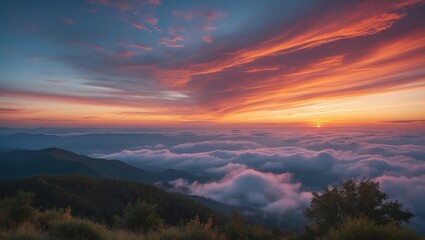 Fototapeta premium Amazing sky at sunset with clouds over mountains and colorful sky evening scene