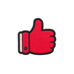 Red thumbs up patch with black outline and white cuff symbolizes approval or agreement. design is simple and bold, making it easily recognizable and suitable for various uses