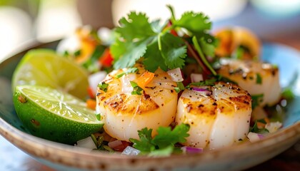 Seared scallops with lime, cilantro, & chopped vegetables in a blue bowl. Delicious appetizer