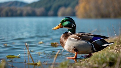Fototapeta premium A captured image of a duck near the lake showing its beautiful colors.