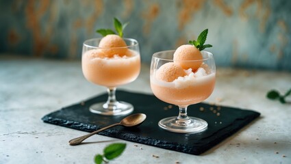 Two gin-based sorbet cocktails on a black slate with tea spoon. Concept of refreshing cocktails and alcoholic drinks. Selective focus on the glasses.