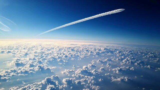 Aerial view of clouds and a contrail against a clear blue sky
