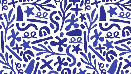 Abstract Seamless Pattern with Organic and Geometric Shapes in Various Shades of Blue on a White Background, Reminiscent of Matisse Cut-Outs or Hand-Drawn Elements