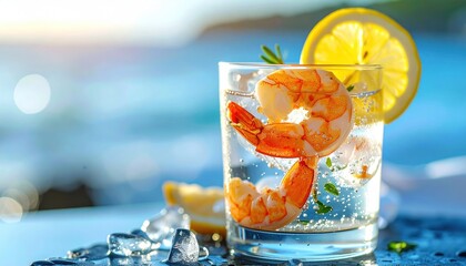 Shrimp cocktail. Clear glass, lemon slice, ice cubes, shrimp, blurred sea background, bright light