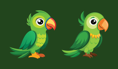 Two adorable cartoon green parrots illustration