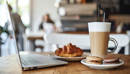 Cafe scene laptop, latte, croissant, macarons on a wooden table, blurred background