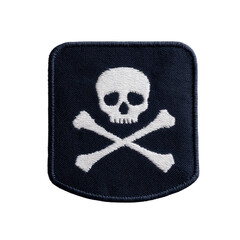 Black patch featuring white skull and crossbones design, symbolizing danger or piracy, is depicted. patch has rectangular shape with rounded edges, and embroidery is detailed