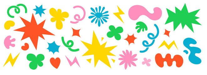 Obraz premium Abstract clouds and flowers shapes icons set. Groovy funky flowers, bubbles, stars, loops and waves in trendy retro cartoon style. Illustration with wavy elements