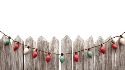 Red, green, and white christmas lights are hanging on a string across a rustic wooden fence, with a transparent background making it easy to add to any design