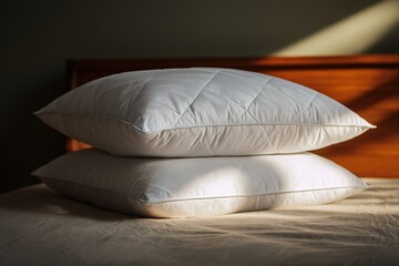 Soft white pillows stacked on a bed in gentle morning light