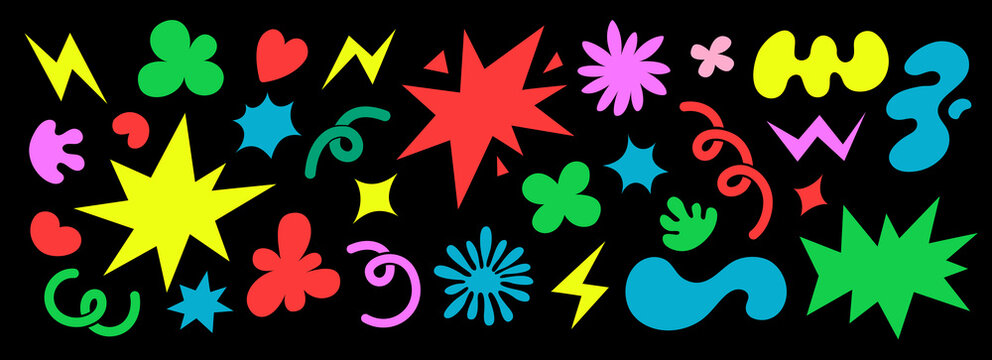 Naklejki Abstract clouds and flowers shapes sticker set. Groovy funky flowers, bubbles, stars, loops and waves in trendy retro cartoon style. Vector illustration with wavy elements.