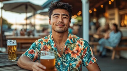 Young man enjoying a cold drink while wearing a colorful Hawaiian shirt at a vibrant outdoor gathering in the afternoon