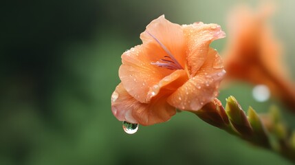 Single orange flower with morning dew, soft backlight. Nature's delicate beauty in a drop