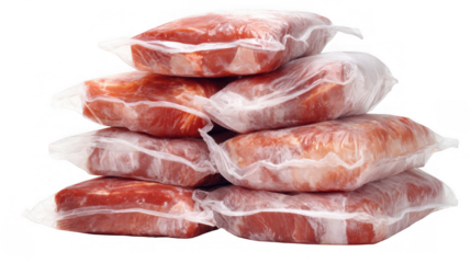 Several vacuum sealed portions of frozen red meat are neatly stacked, ready for long term storage and preservation, isolated on a transparent background