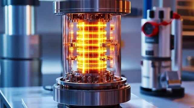 Quantum computer core glowing bright orange in a modern lab