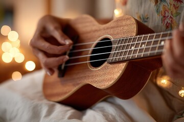 Obraz premium Musician plays ukulele in cozy room with warm fairy lights during the evening