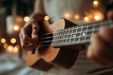 Obraz premium Individual plays ukulele with soft lighting and blurred lights in background during cozy indoor evening