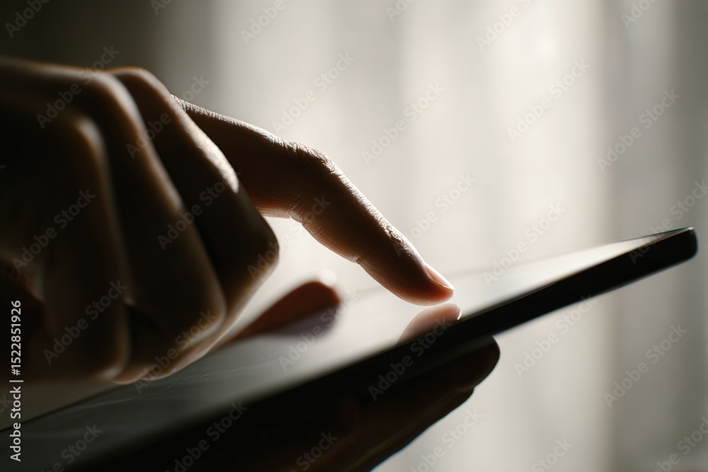 Poster using a touchscreen device to access information in a contemporary setting with soft lighting