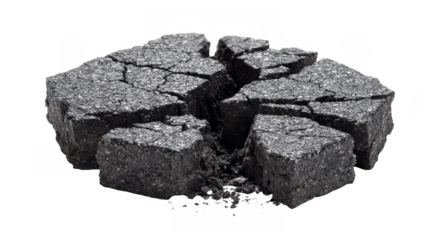 Broken asphalt breaking apart and blocking a road, isolated on a transparent background, representing destruction, damage, and the need for repair