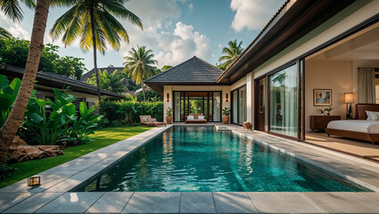 Modern tropical villa with private swimming pool, sunbeds, and lush garden