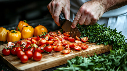 Chef Cutting Fresh Tomatoes and Herbs on Wooden Cutting Board