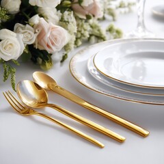 Elegant Gold Cutlery and Floral Table Setting - Luxury Dining and Fine Tablewar