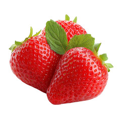 Three ripe strawberries with vibrant red color and fresh green leaves are grouped together, showcasing their juicy texture and natural appeal