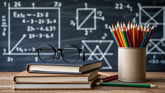 Studying mathematics, books, eyeglasses and colored pencils on desk with graph and equations on blackboard