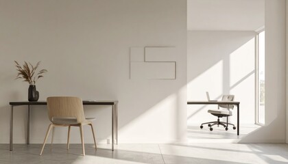 Minimalist office space, desk, chair, vase, light, with an adjacent sunlit room