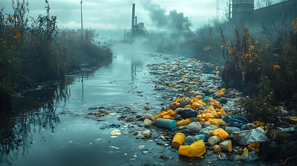 Polluted waterway choked with plastic waste High Resolution Picture