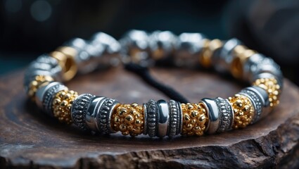 A bracelet made of silver and gold with intricate designs.