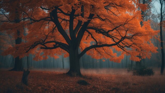 A tree with autumn leaves in the forest during fall season. - Powered by Adobe