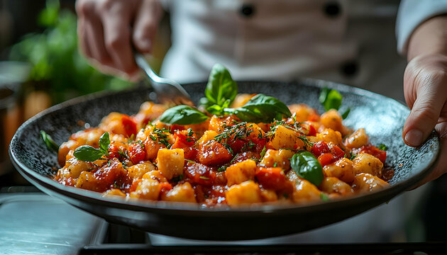 Serving Gnocchi Dish Topped with Tomato Sauce and Basil Herbs