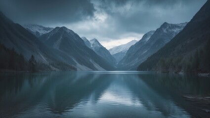 Fototapeta premium Beautiful scenic lake in mountains with empty copy space for text.