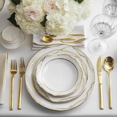 Elegant gold and white dinnerware set for formal dining table setting and special occasions decor ideas