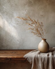 Rustic vase with dried grasses on wooden table in cozy interior setting