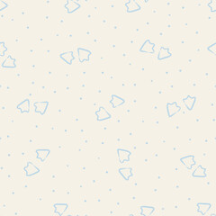 Minimal seamless pattern with blue outlined goose footprints shapes and dots on cream